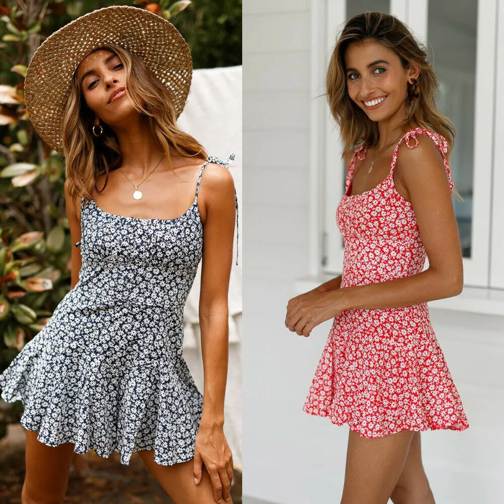 Womens Summer Flowers Print Mini Dress Vintage Boho Bohemian Dresses Beach Short Dress Ladies Summer Casual Sundress Holiday