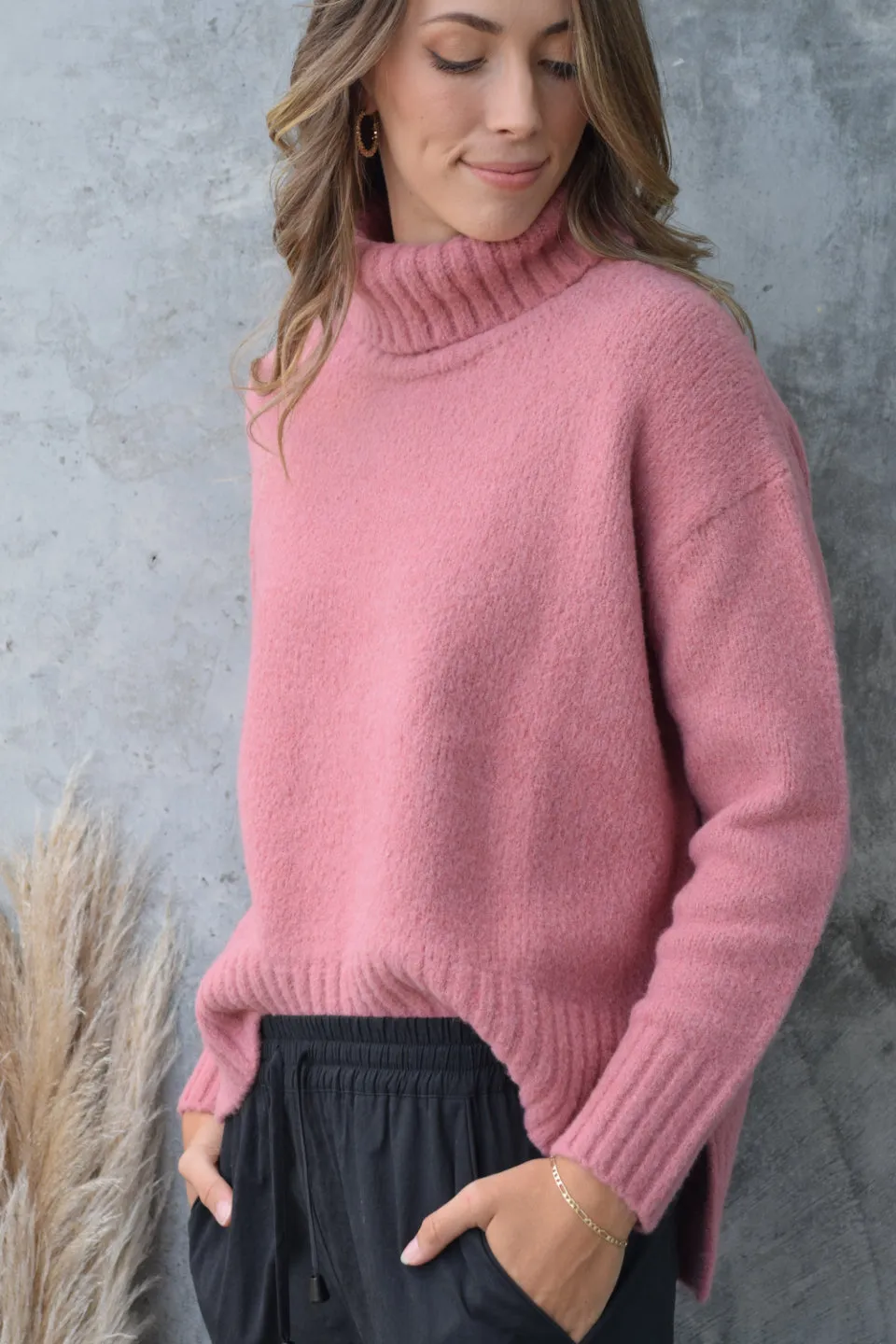 Zealous Old Rose Chunky Drop Shoulder Roll Neck Knit