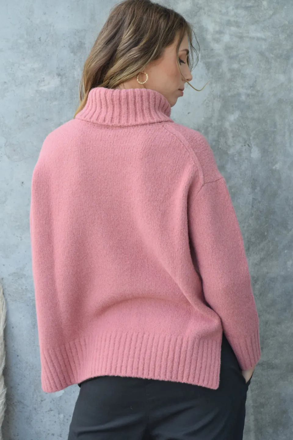 Zealous Old Rose Chunky Drop Shoulder Roll Neck Knit